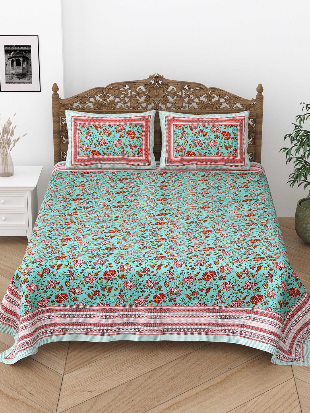 

Gulaab Jaipur Green & Pink Ethnic Motifs 400 TC King Bedsheet with 2 Pillow Covers