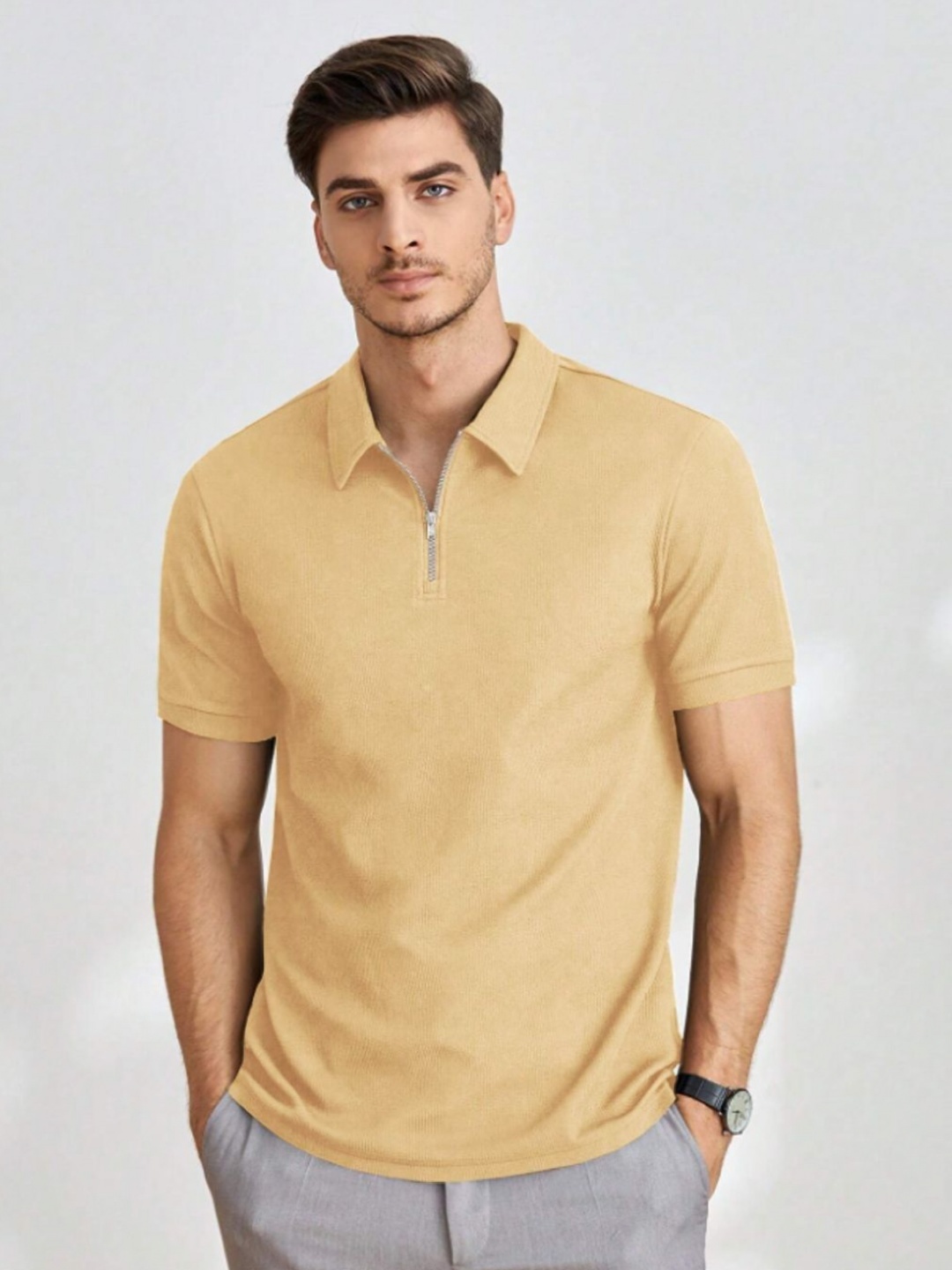 

madfrog Men Polo Collar Raw Edge T-shirt, Beige