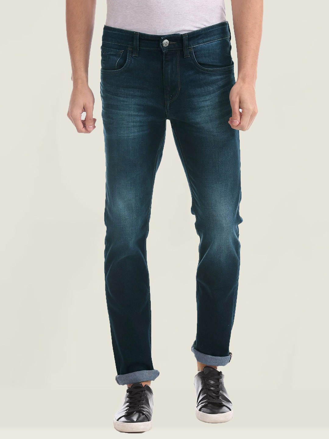 

fineblu Men Slim Fit Low Distress Heavy Fade Stretchable Jeans, Green
