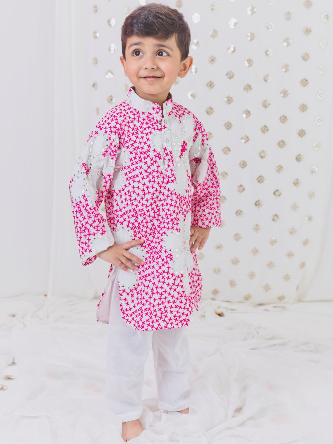 

TinyPants Boys Yoke Design Regular Pure Cotton Kurta with Pyjamas, Pink