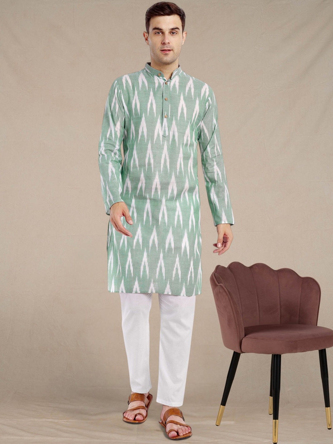 

SKAVIJ Men Printed Regular Pure Cotton Kurta with Pyjamas, Olive