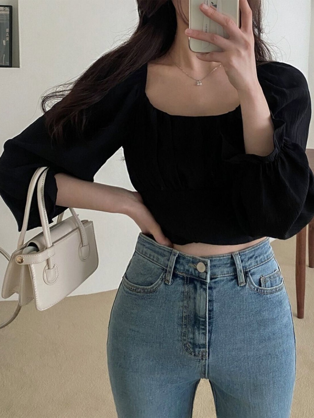 

NiloBerry Off-Shoulder Puff Sleeve Chiffon Crop Top, Black