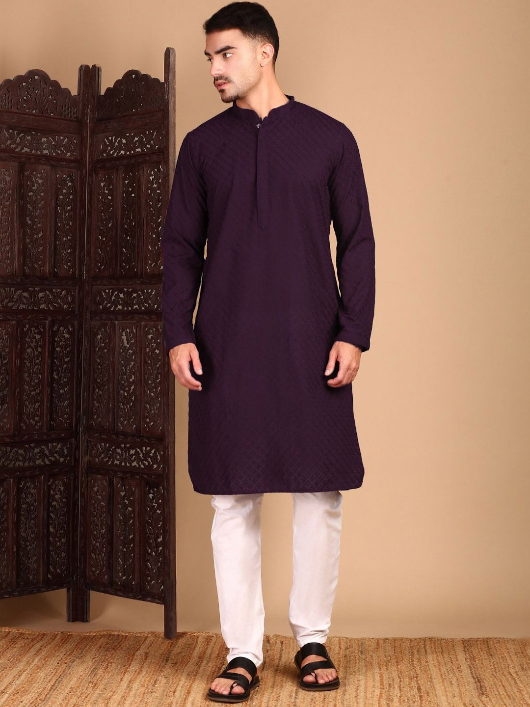 

House of Pataudi Chikankari Straight Kurta, Purple