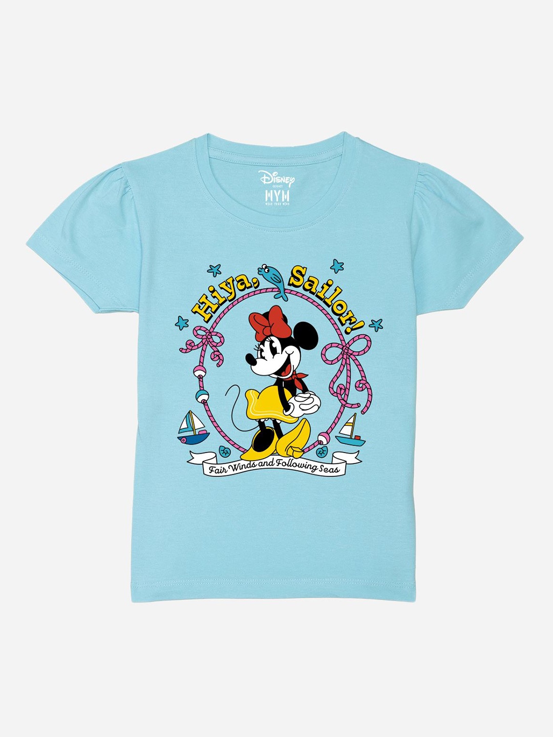 

Wear Your Mind Girls Minnie Mouse Printed Puff Sleeves Pure Cotton T-shirt, Blue