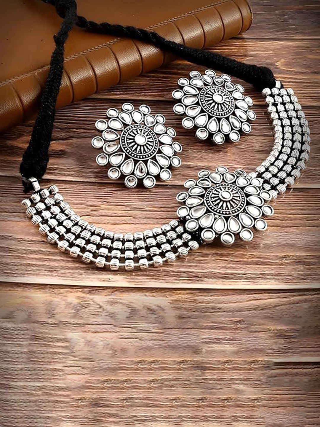 

JMBW INTERNATIONAL Silver-Plated Stone-Studded & Beaded Oxidized Jewellery Set