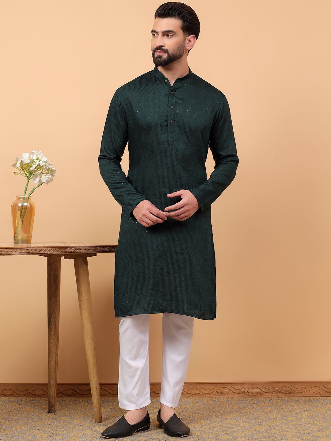 

TREEMODA Men Ethnic Motifs Embroidered Regular Kurta with Pyjamas, Green