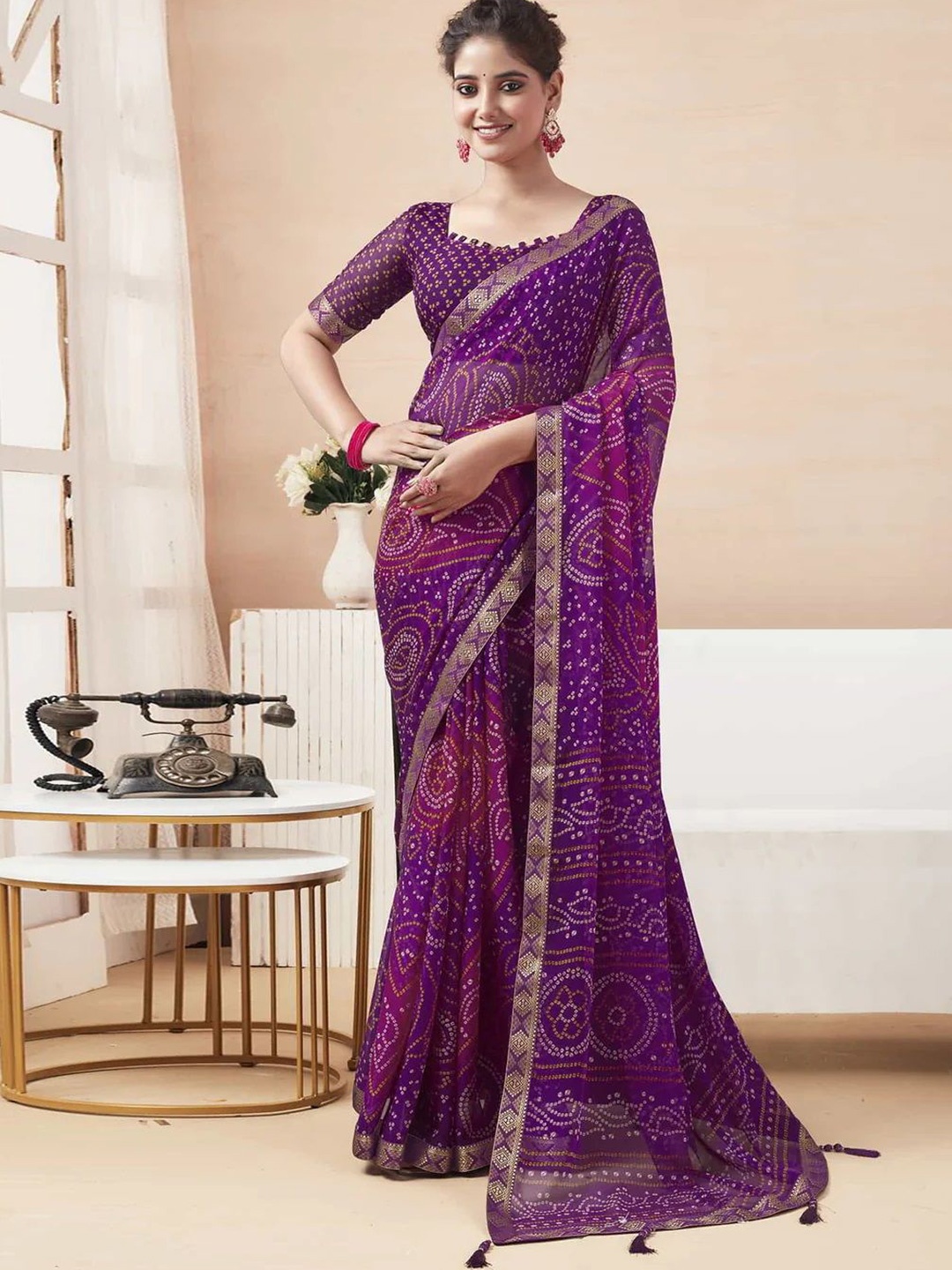 

Styleveda Bandhani Poly Georgette Bandhani Saree, Purple