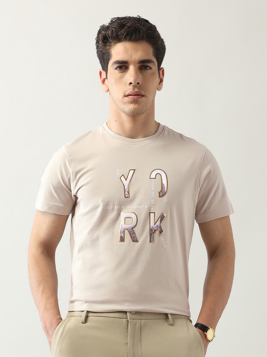 

Arrow New York Men Typography Printed T-shirt, Beige