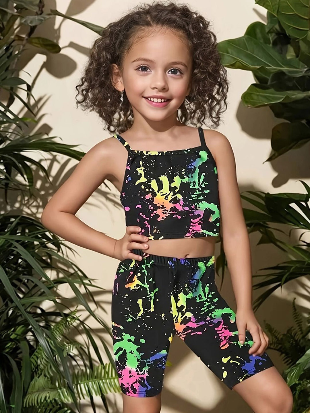 

YK Girls Printed Top with Shorts, Black