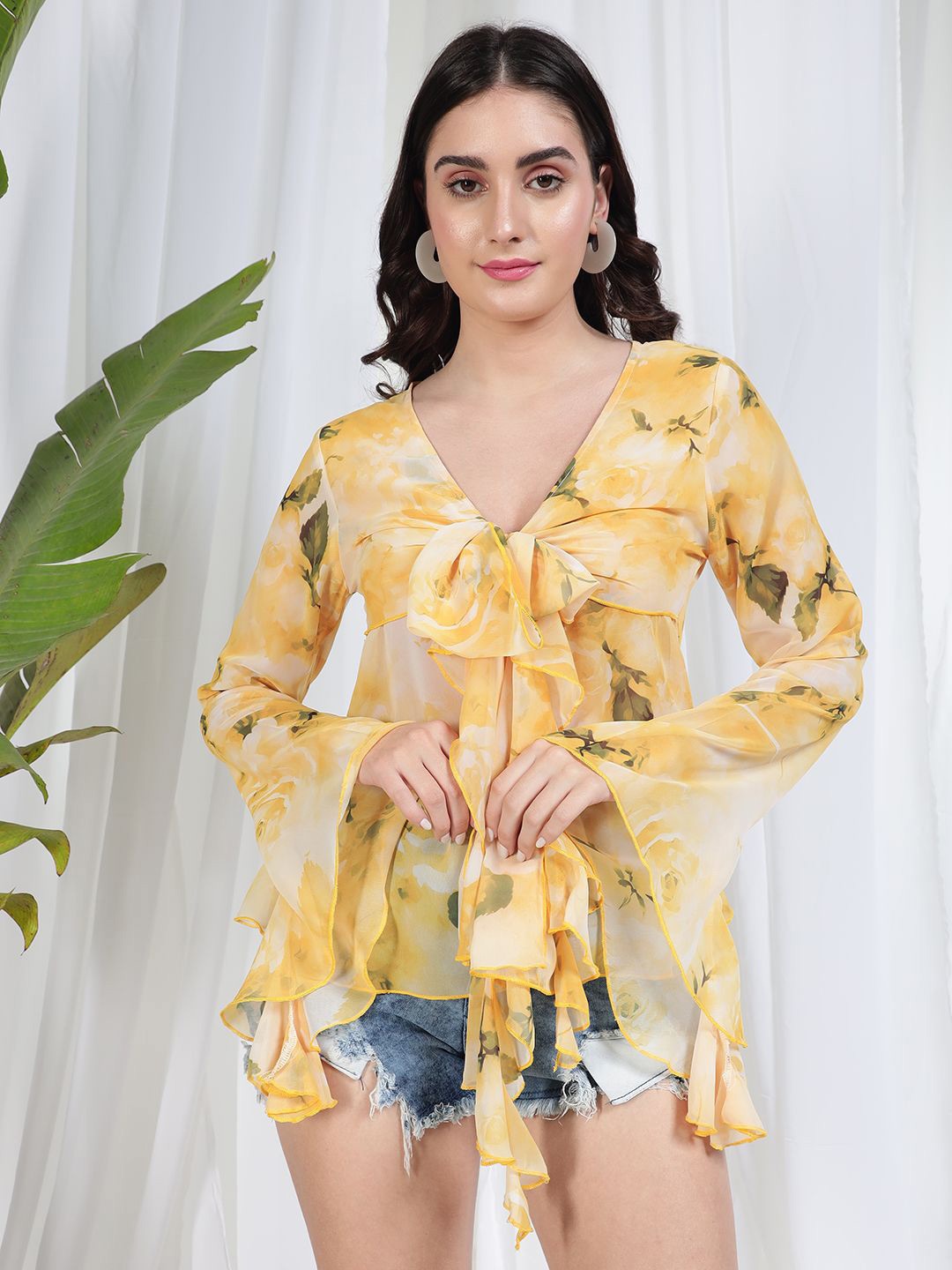

TANDUL Print Bell Sleeve Cotton Denim Top, Yellow