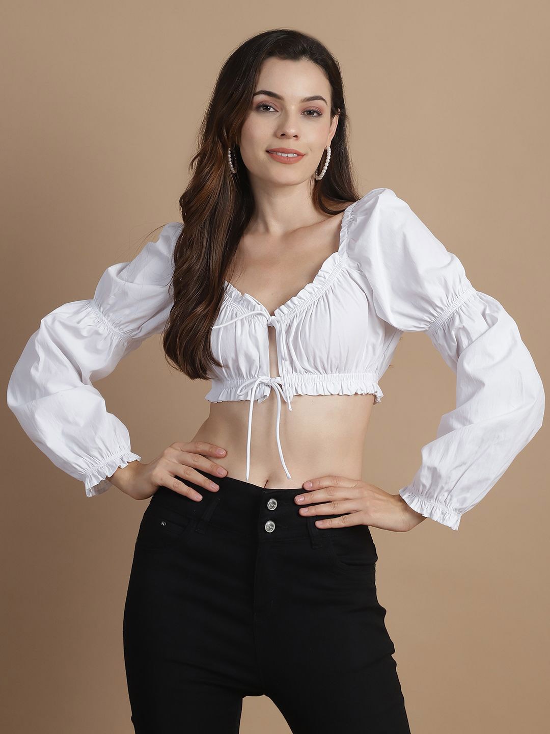 

GRACIT Bell Sleeve Cotton Blouson Crop Top, White