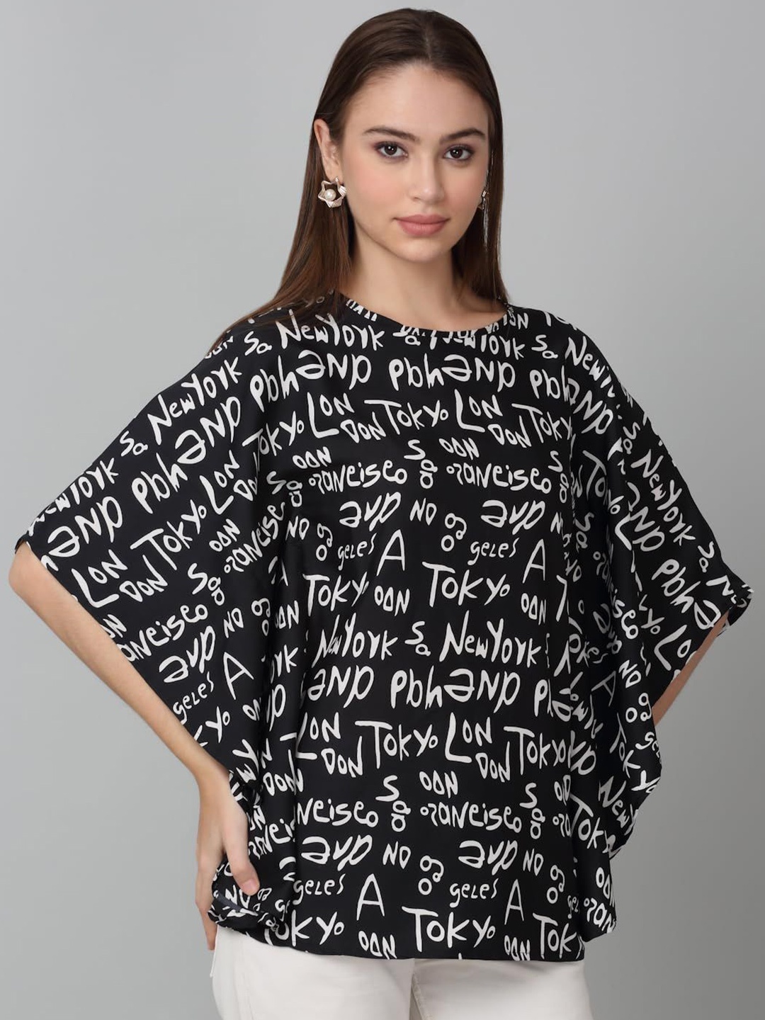 

SZN Print Kimono Sleeve Kaftan Top, Black