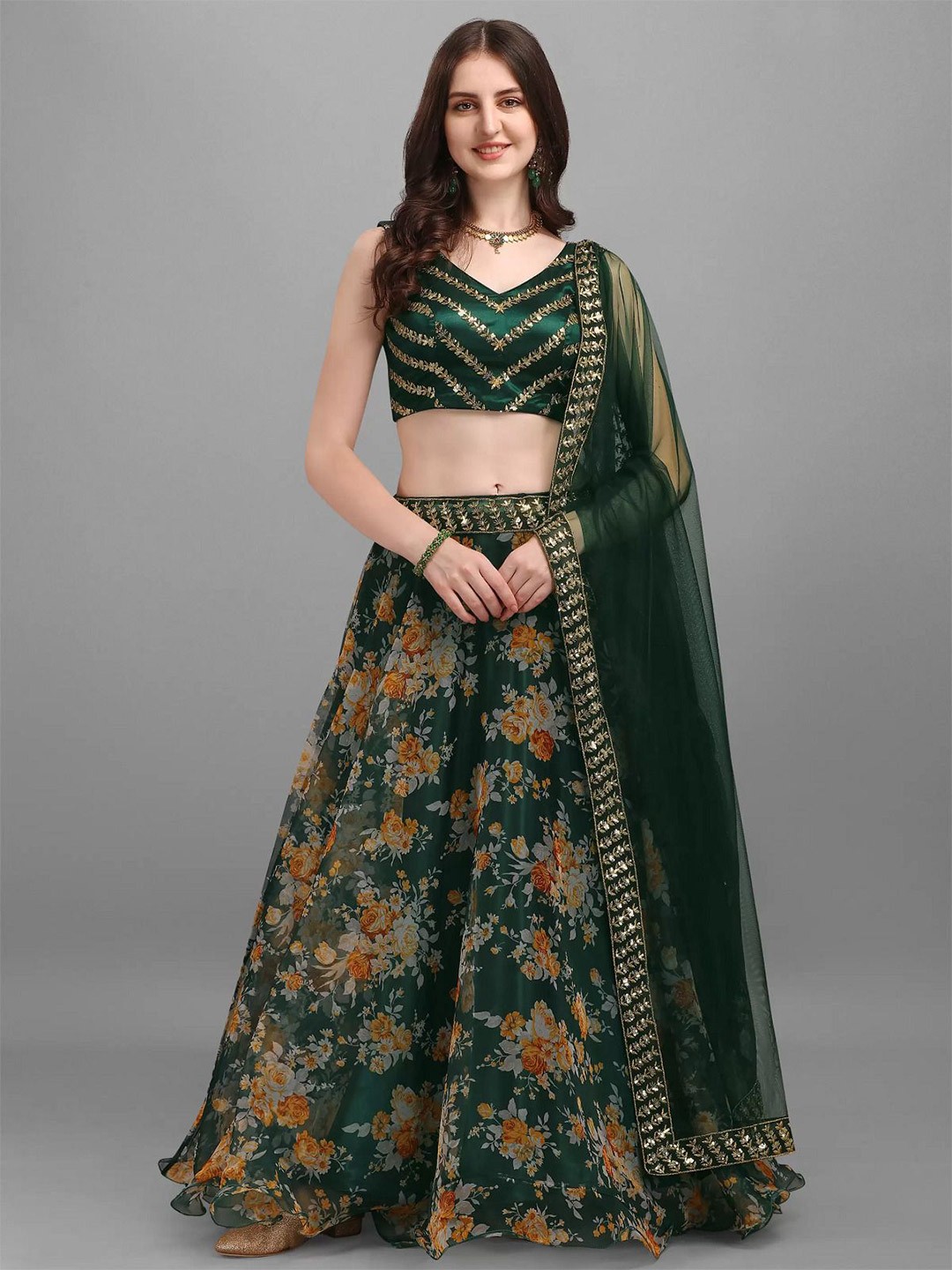 

Piludi Printed Semi-Stitched Lehenga & Unstitched Blouse With Dupatta, Green