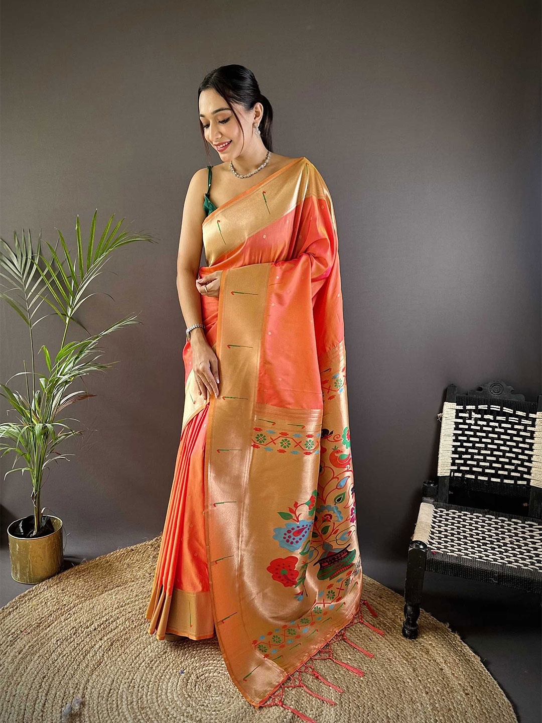 

LeeliPeeri Designer Woven Design Zari Silk Blend Paithani Saree, Peach