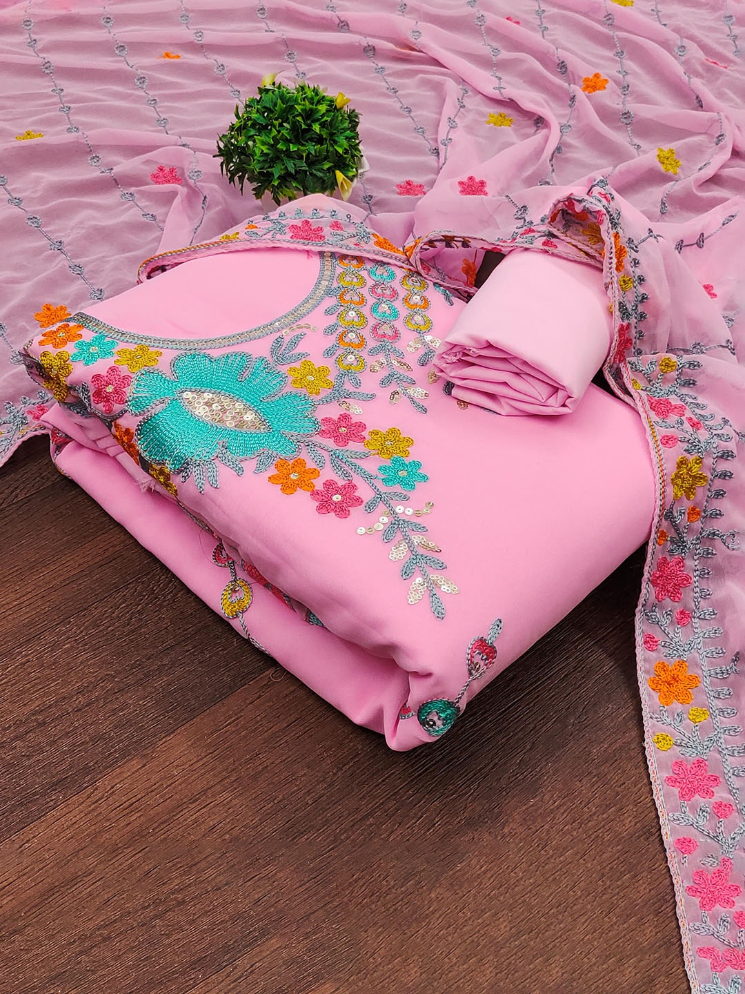 

SHADOW & SAINING Embroidered Silk Georgette Unstitched Dress Material, Pink