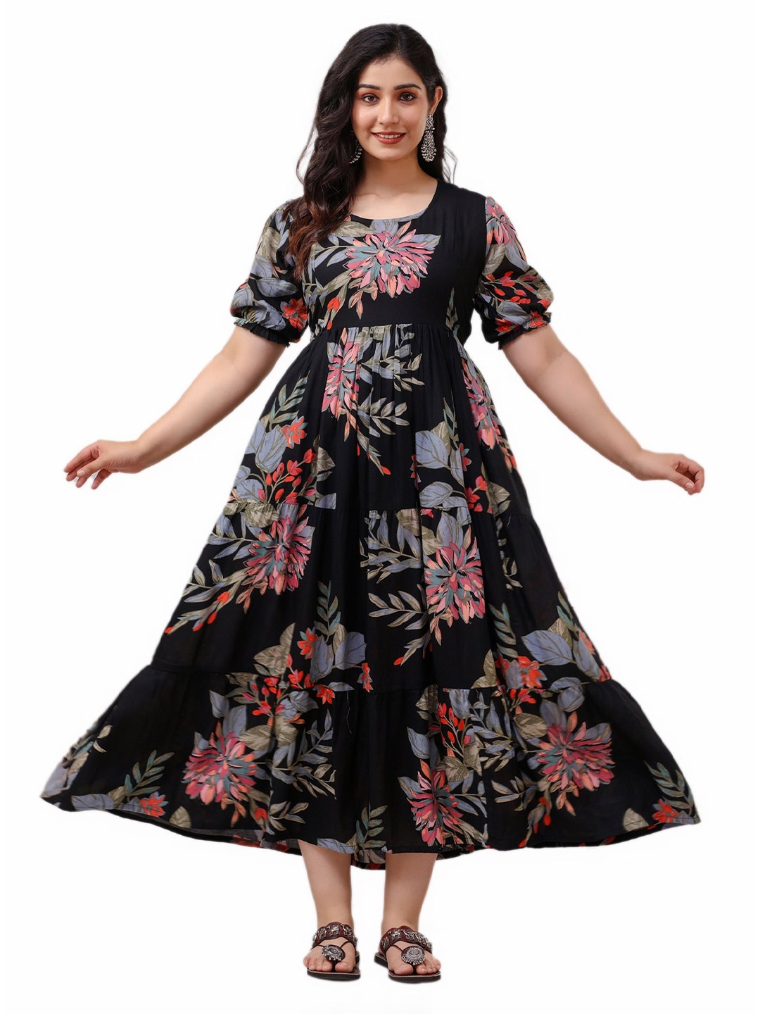 

DEVEK Floral Print Puff Sleeve Maternity Fit & Flare Maxi Dress, Black