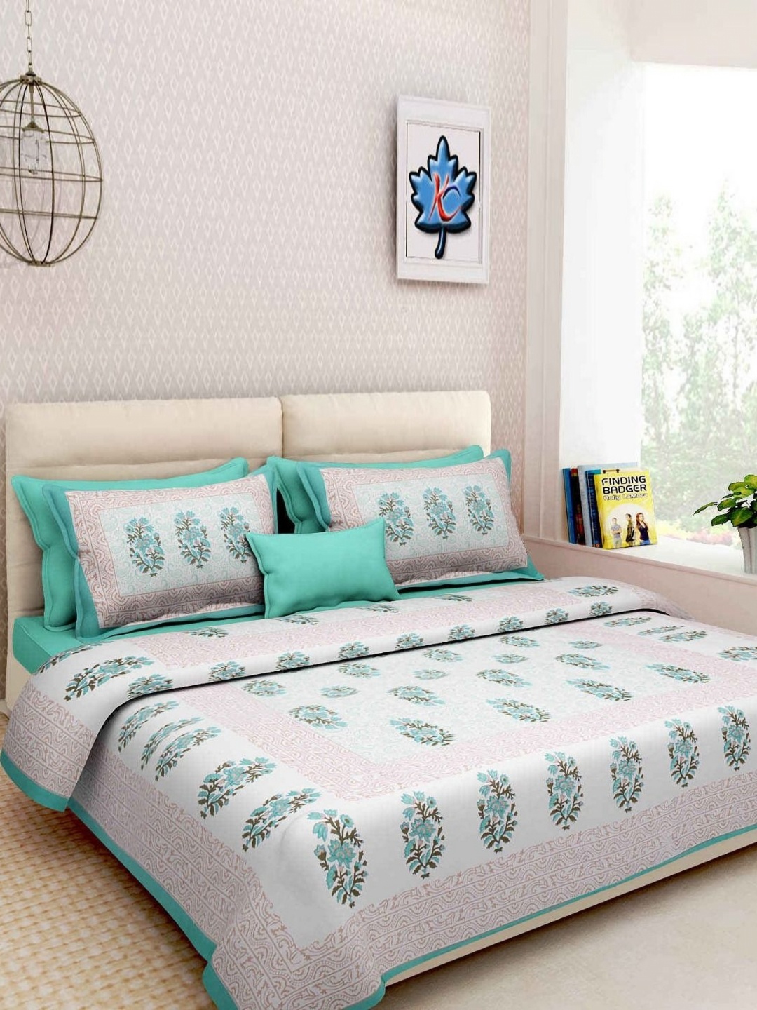 

Myntra Elegant Homes Turquoise Blue & White Floral 120 TC Queen Bedsheet with 2 Pillow Covers