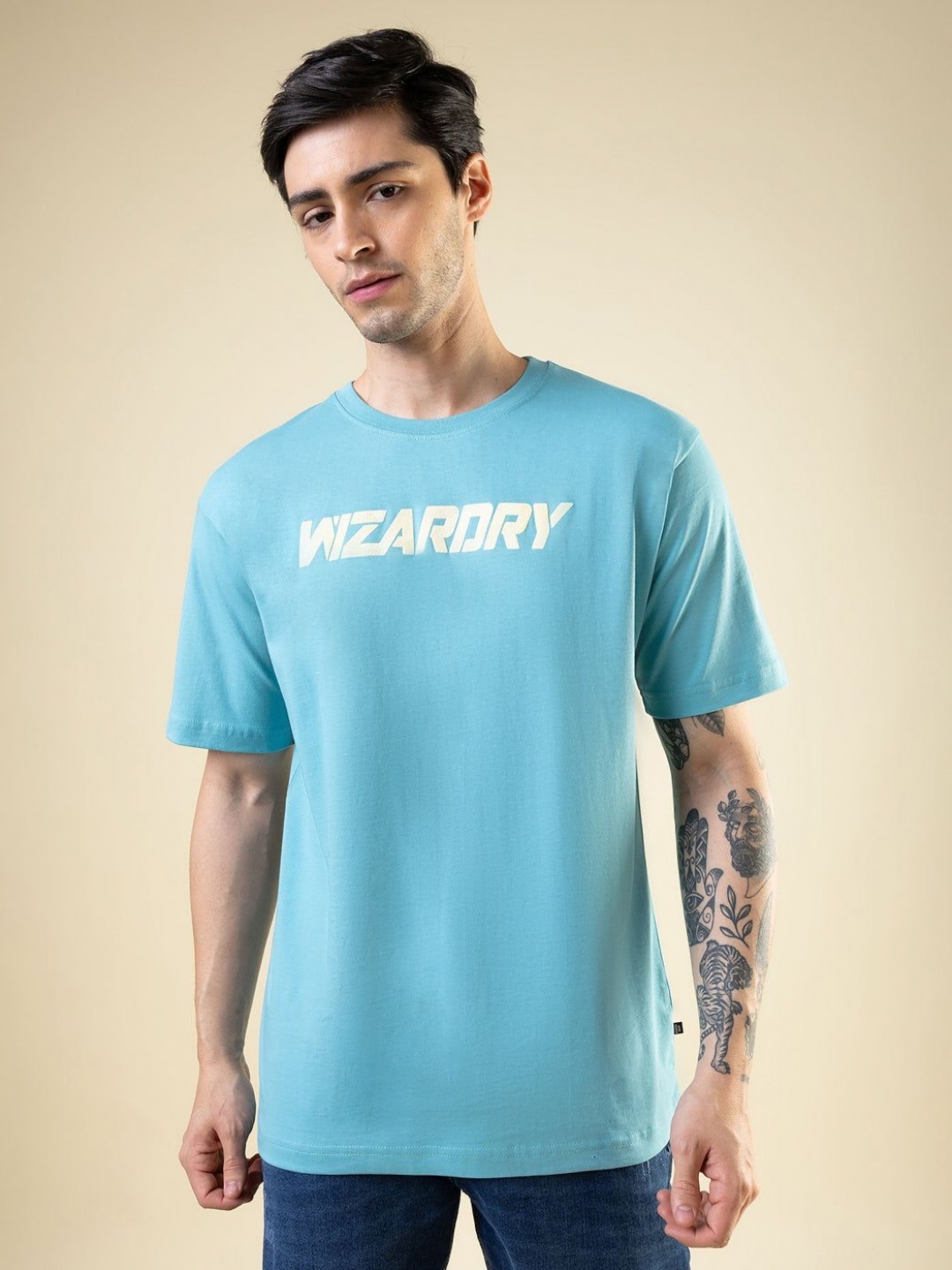 

Status Quo Men Printed Pure Cotton T-shirt, Turquoise blue
