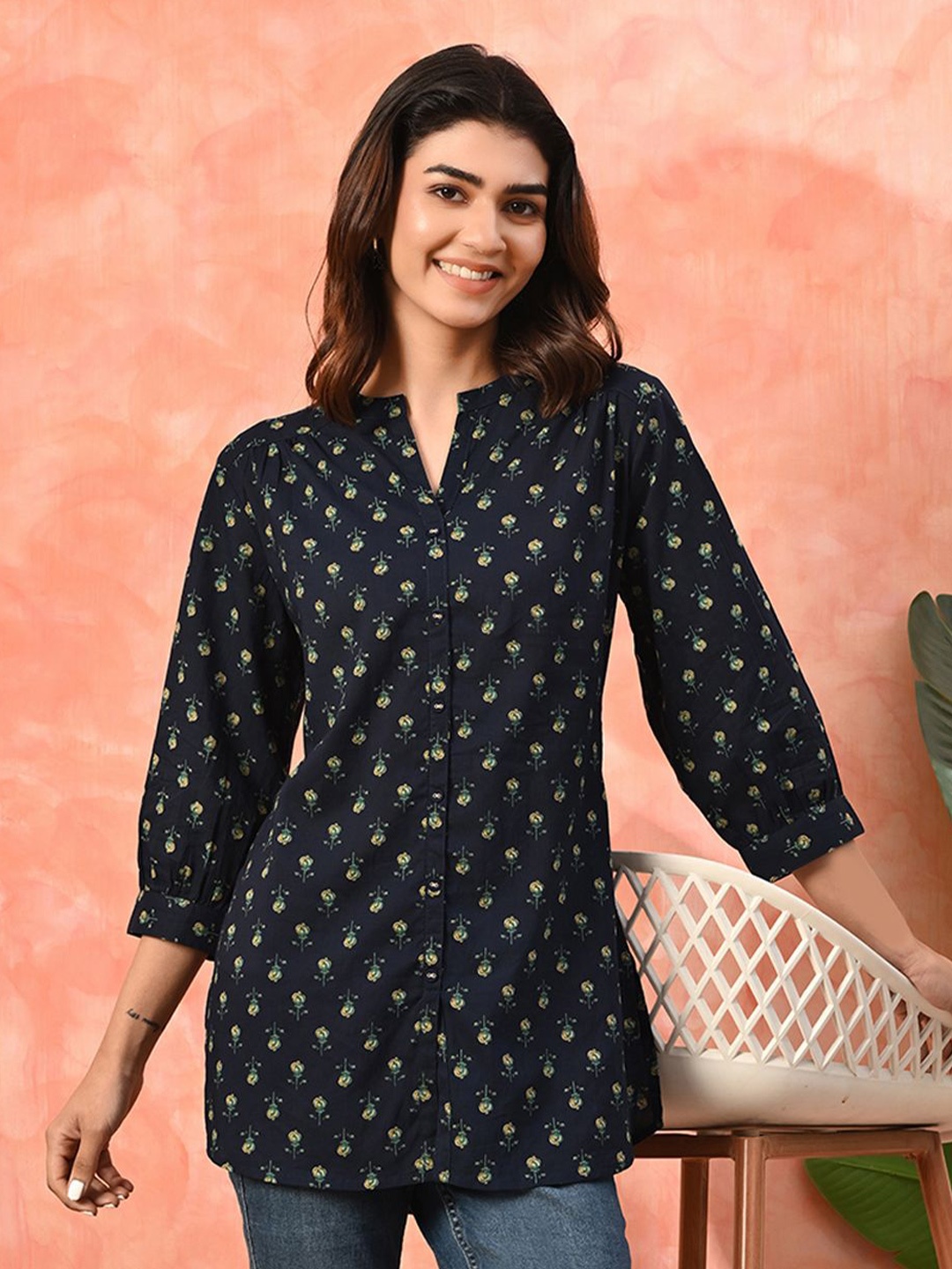 

Sangria Mandarin Collar Printed Cotton Tunic, Blue