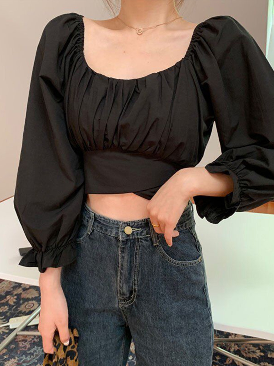 

NiloBerry Puff Sleeve Chiffon Crop Top, Black