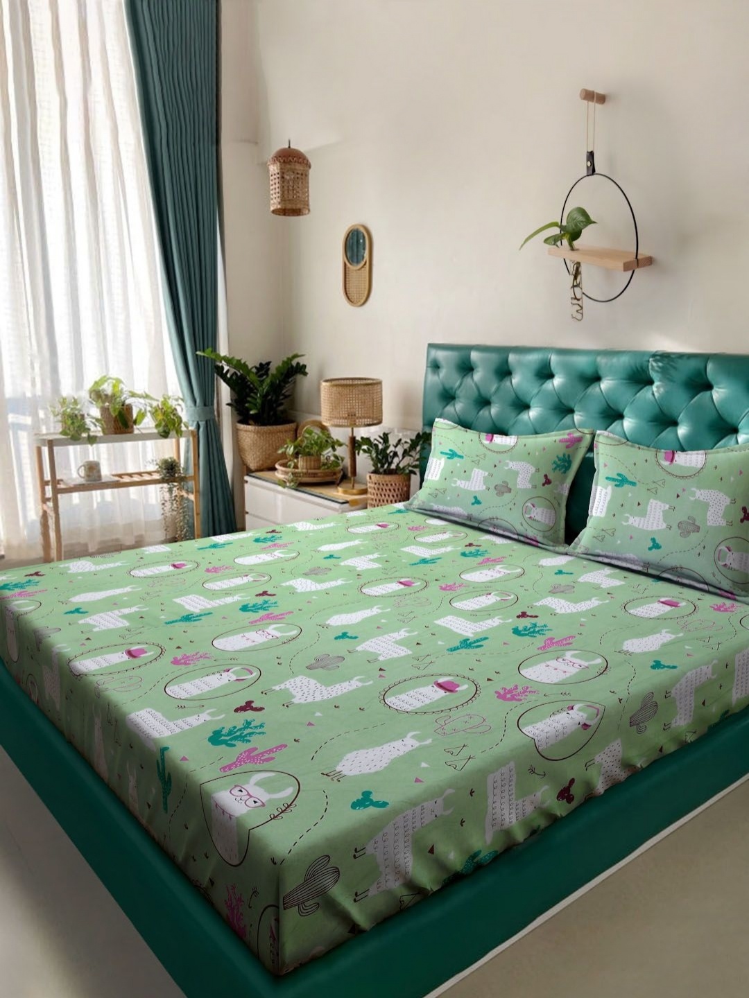 

Myntra Elegant Homes Green & White Cartoon Characters 400 TC King Bedsheet with 2 Pillow Covers