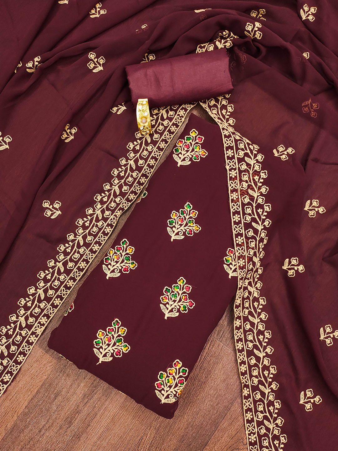 

SHADOW & SAINING Embroidered Silk Georgette Unstitched Dress Material, Maroon