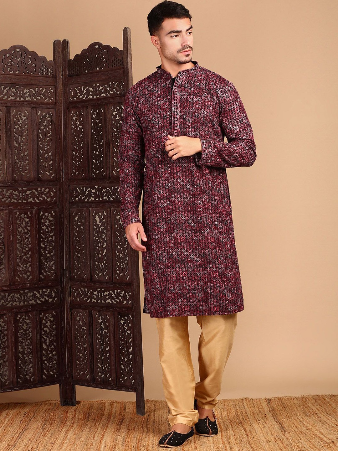 

House of Pataudi Chic Geometric Chikankari Straight Kurta, Rust