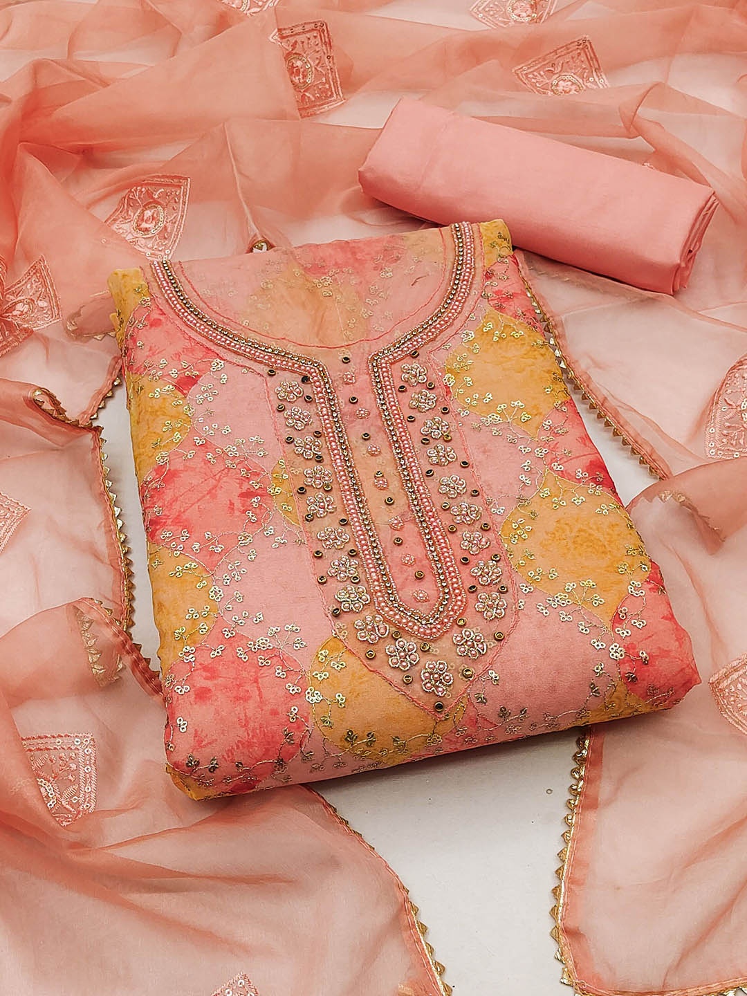 

SHADOW & SAINING Embroidered Organza Semi-Stitched Dress Material, Peach