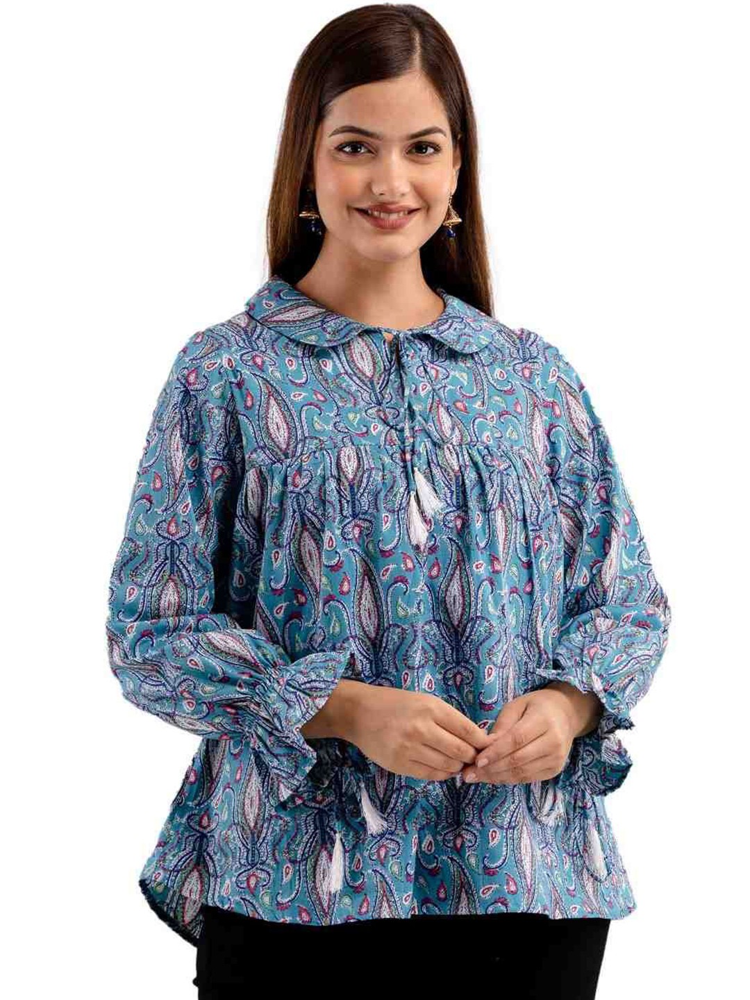 

DMP FASHION Print Tie-Up Neck Cotton Top, Blue