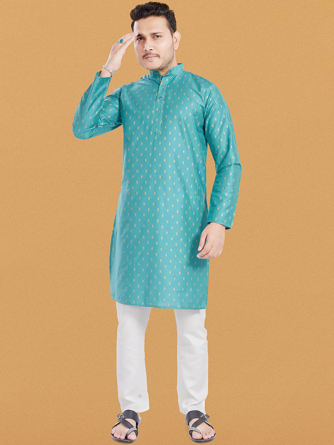 

DIVISIVE Men Geometric Printed Thread Work Kurta, Sea green
