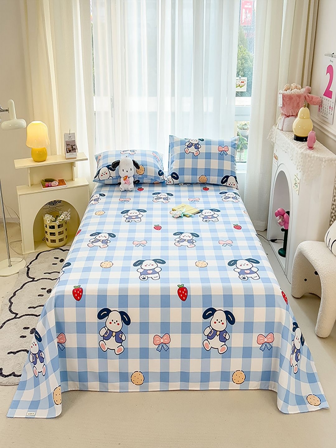 

JC HOME Blue & White Cartoon Characters 140 TC King Bedsheet with 2 Pillow Covers
