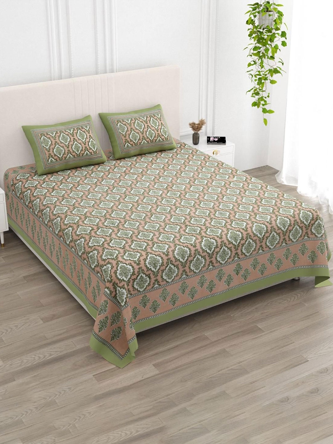

Gulaab Jaipur Green & White Ethnic Motifs 400 TC King Bedsheet with 2 Pillow Covers