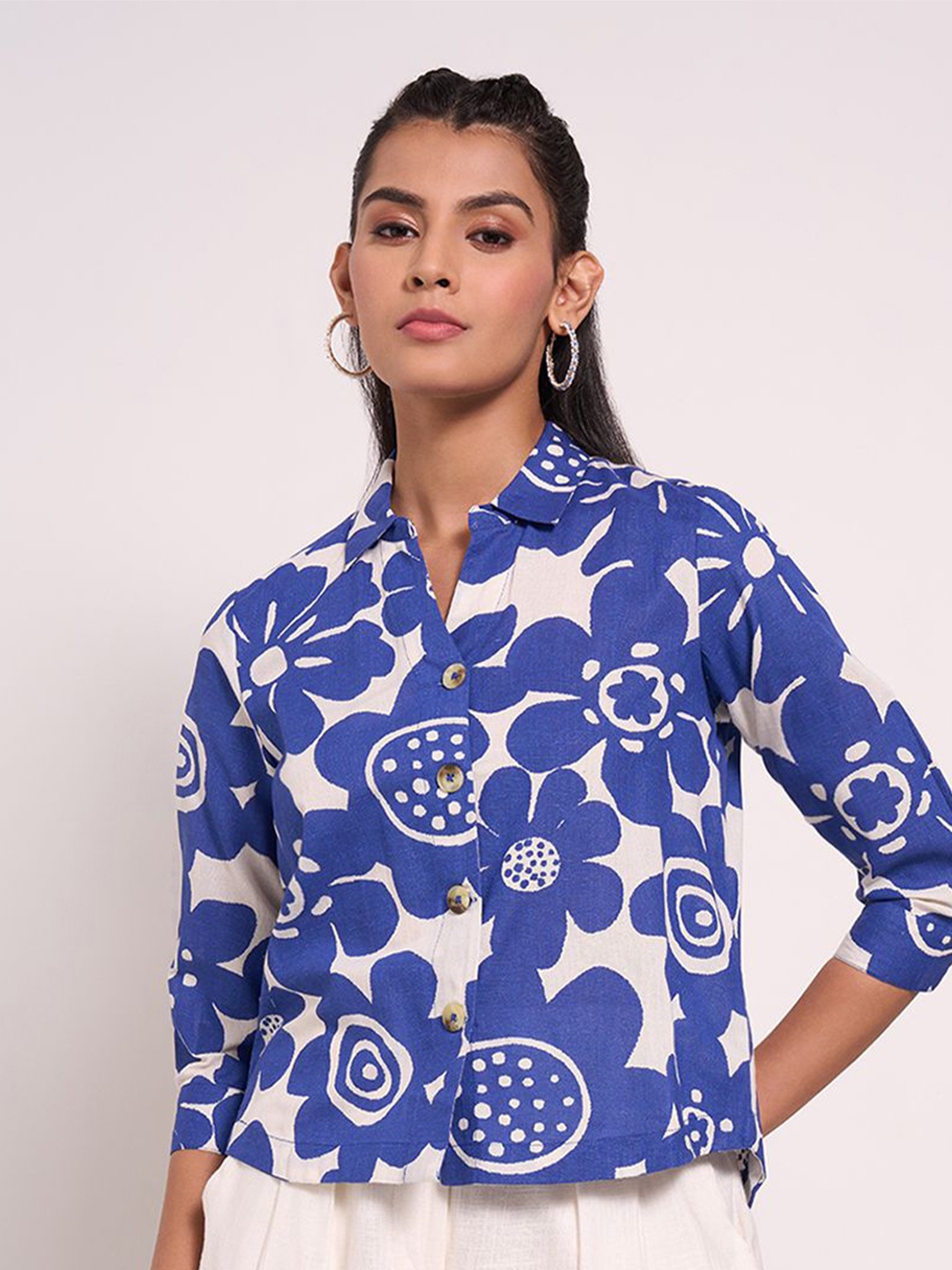 

AKKRITI BY PANTALOONS Print Cotton Shirt Style Top, Blue