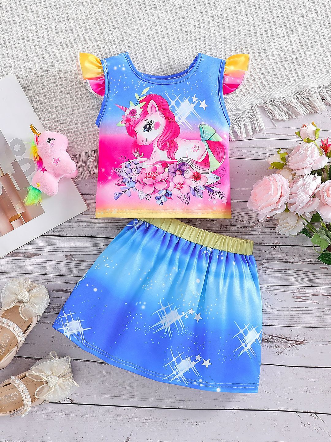 

YK Girls Printed Top With Skirt Clothing Set, Blue