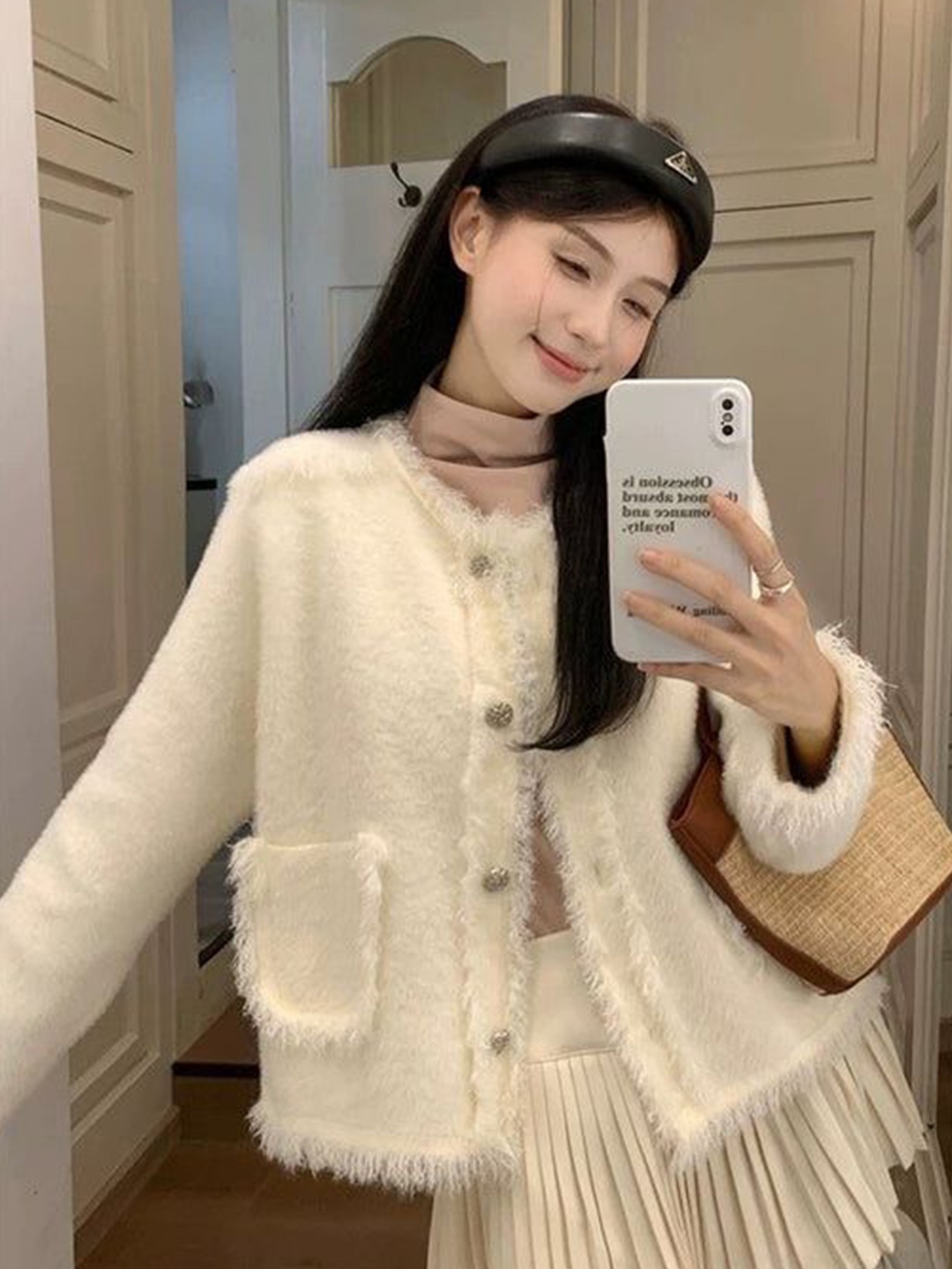 

PANKH Women Woollen Cardigan with Fuzzy Detail, White