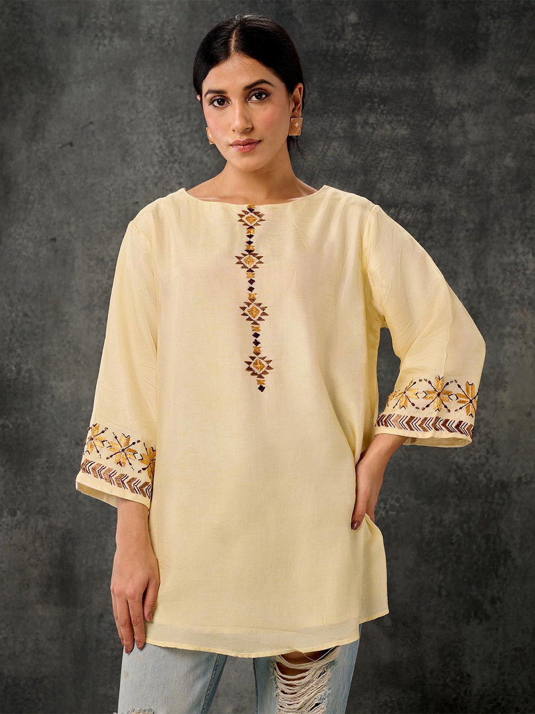

Phulkari Forever Embellished Embroidered Tie-Up Neck Pure Silk Top, Yellow