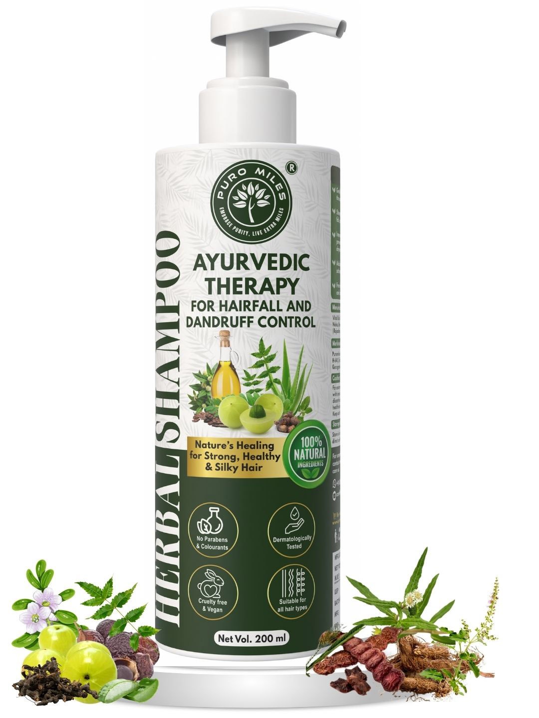 

Puro Miles Hair Fall & Dandruff Control Shampoo With Bhringraj - 200 ml, White