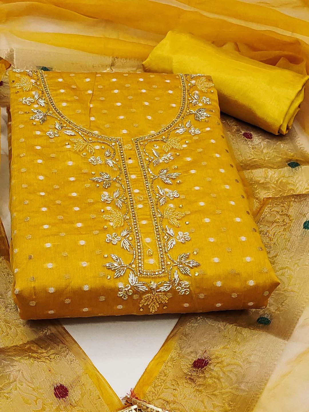 

SHADOW & SAINING Embellished Semi-Stitched Dress Material, Mustard
