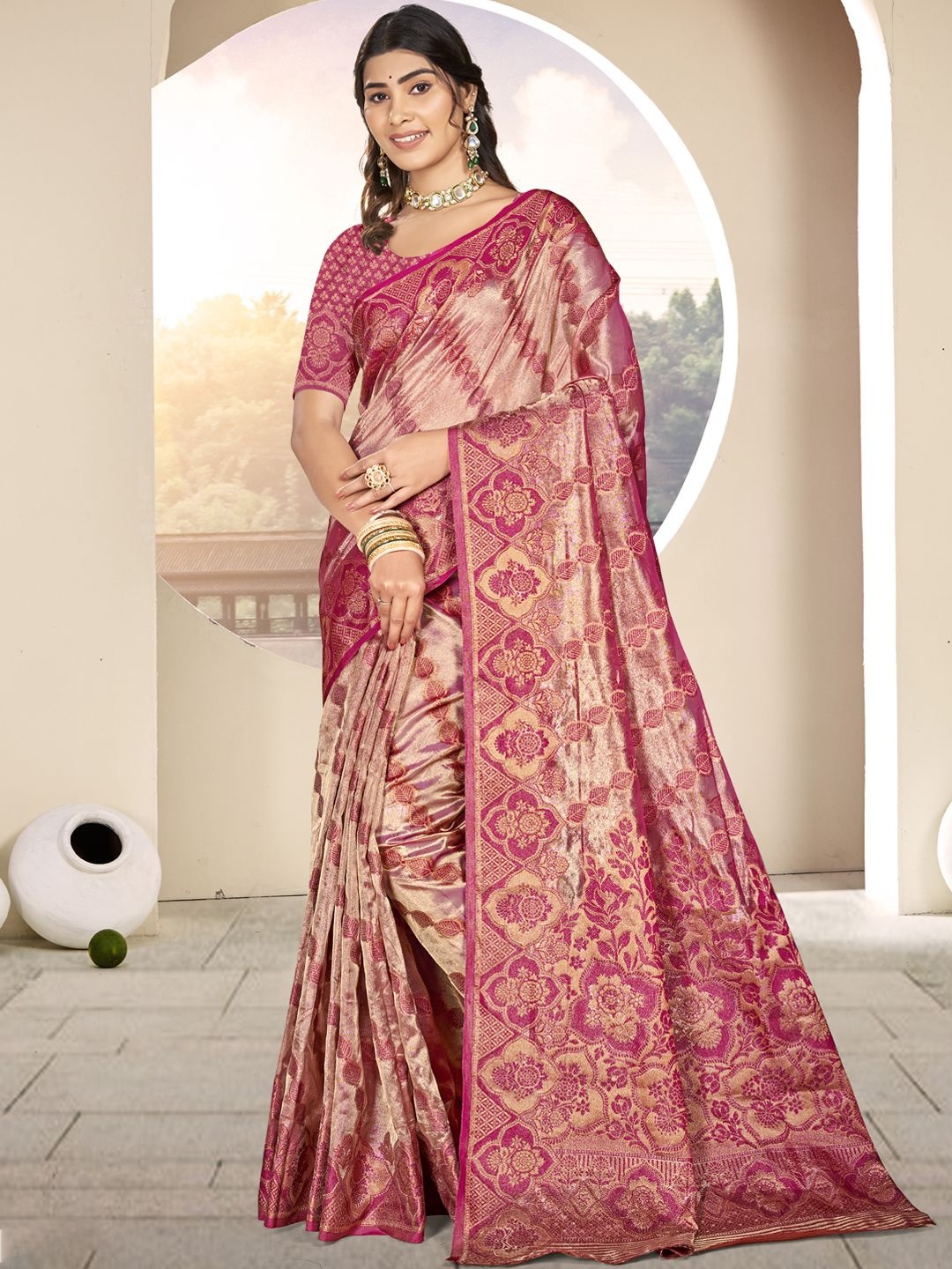 

SANGAM PRINTS Floral Zari Organza Designer Tussar Saree, Pink