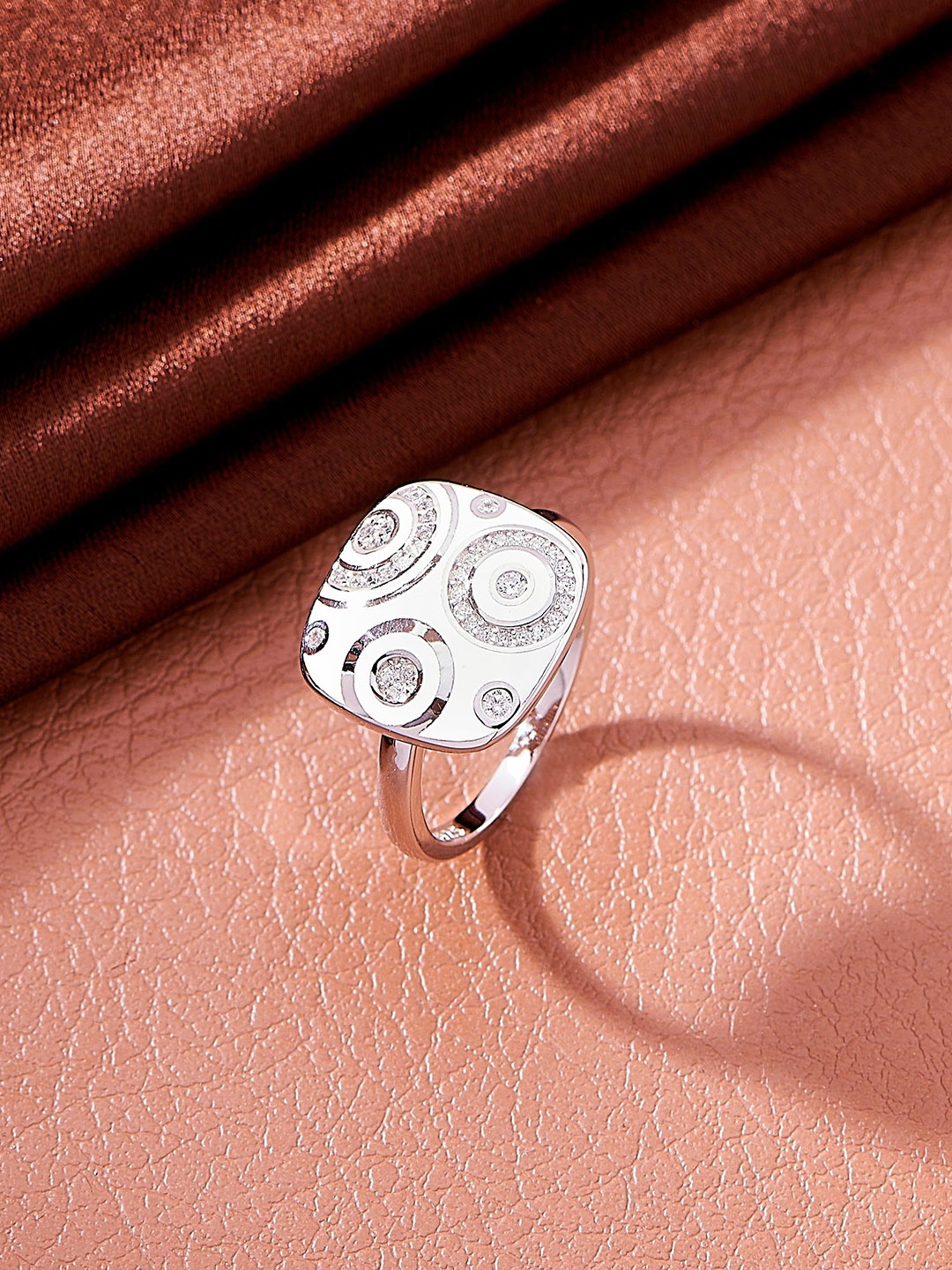 

Nipura 925 Sterling Silver Rhodium-Plated CZ Studded Celestial White Enamel Finger Ring