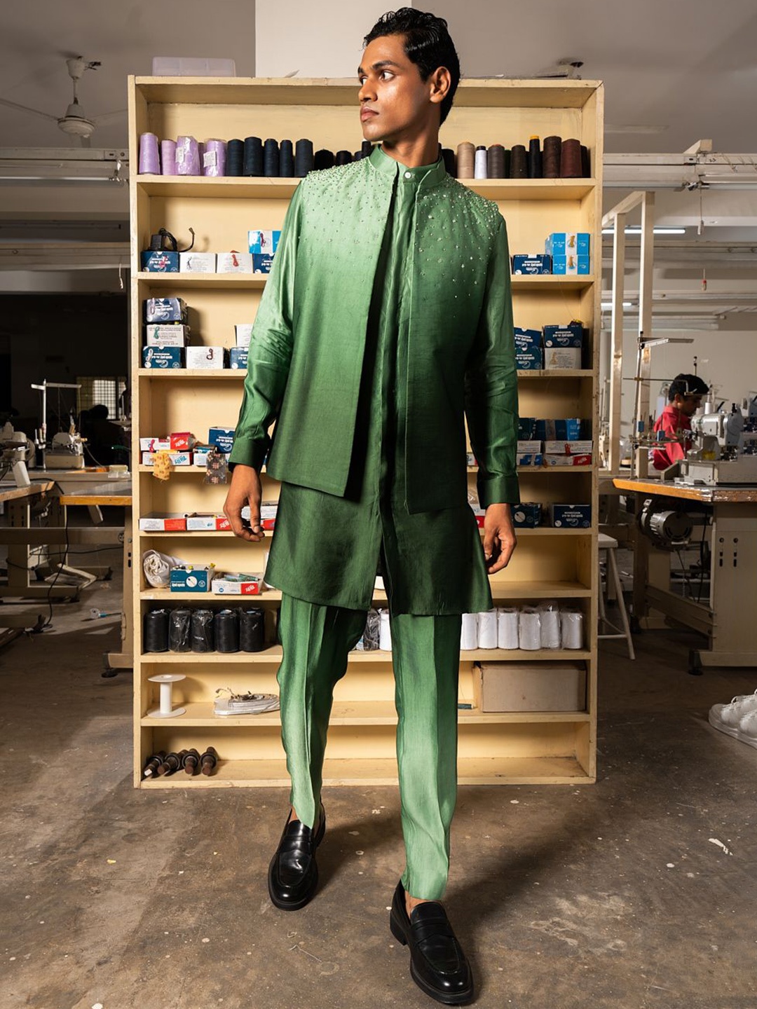

Project Bandi Embellished Satin Nehru Jacket, Green