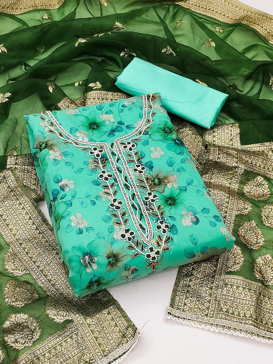 

SHADOW & SAINING Embellished Organza Semi-Stitched Dress Material, Sea green