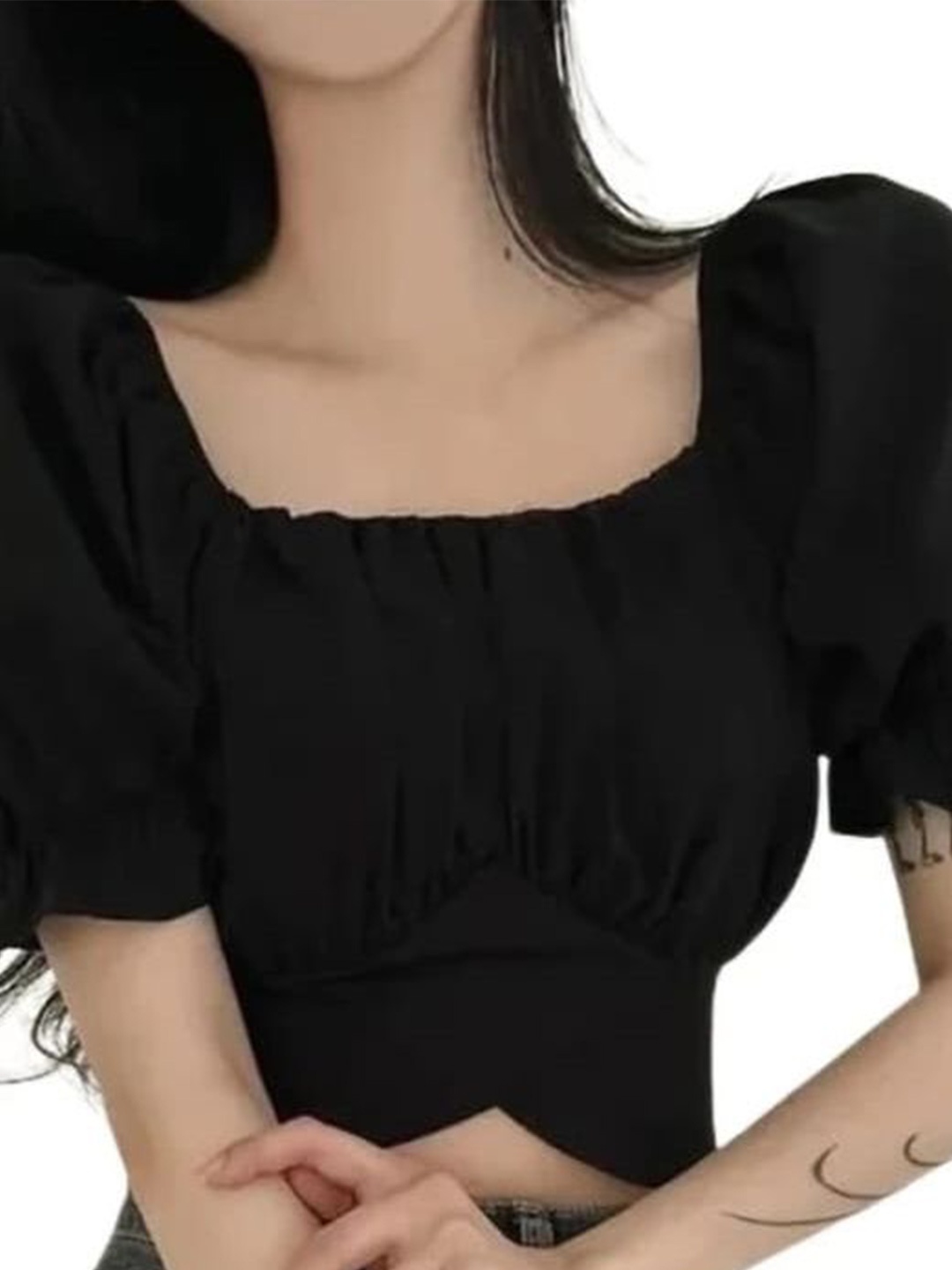 

NiloBerry Sweetheart Neck Puff Sleeve Chiffon Crop Top, Black