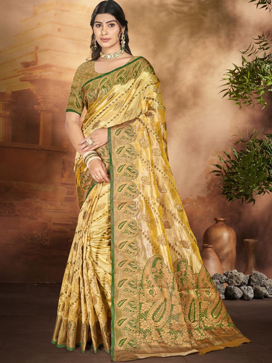 

SANGAM PRINTS Woven Design Zari Organza Tussar Saree, Yellow