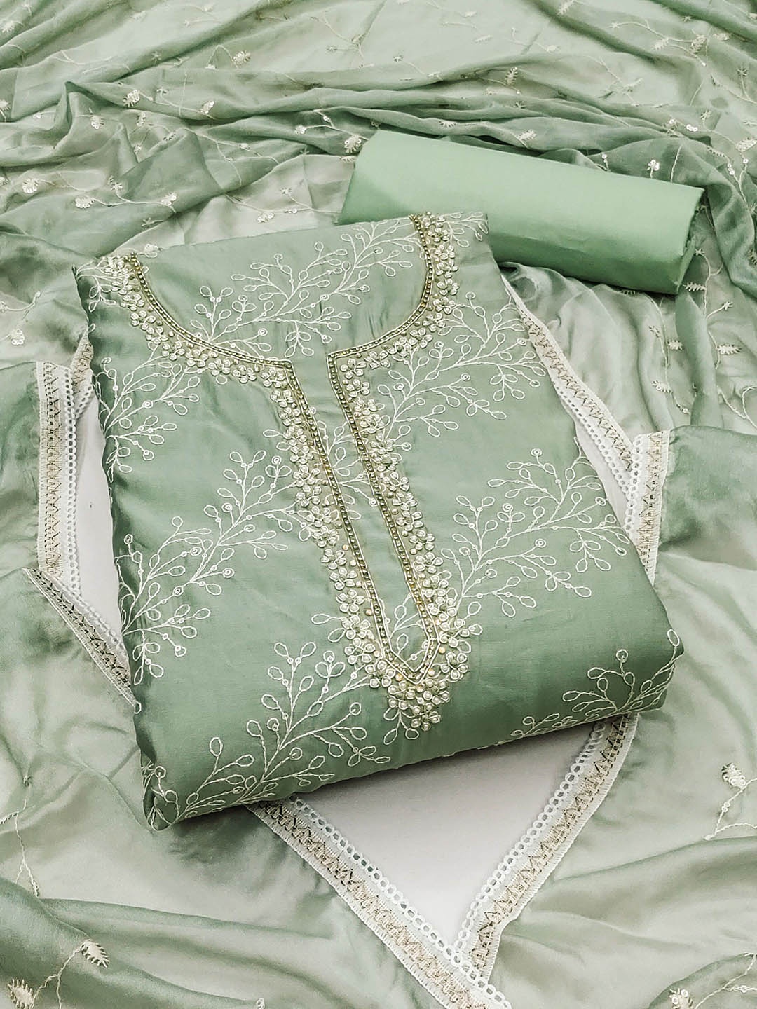 

SHADOW & SAINING Embroidered Semi-Stitched Dress Material, Sea green