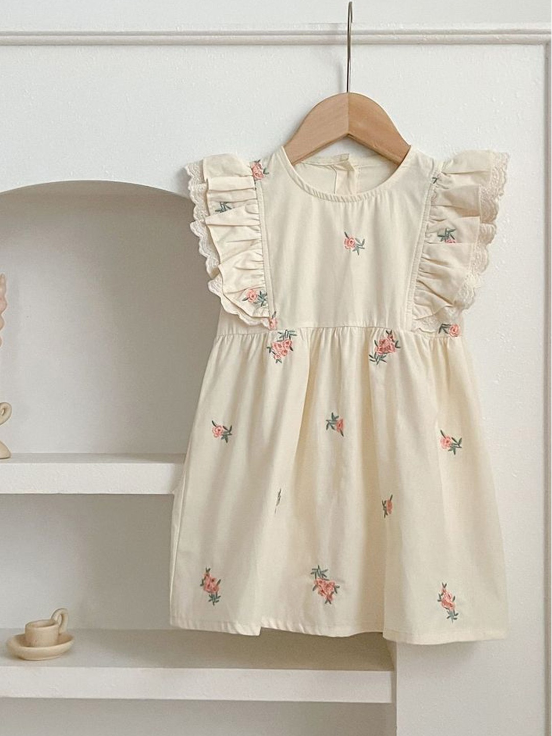 

LULU & SKY Floral Flutter Sleeve A-Line Dress, Beige
