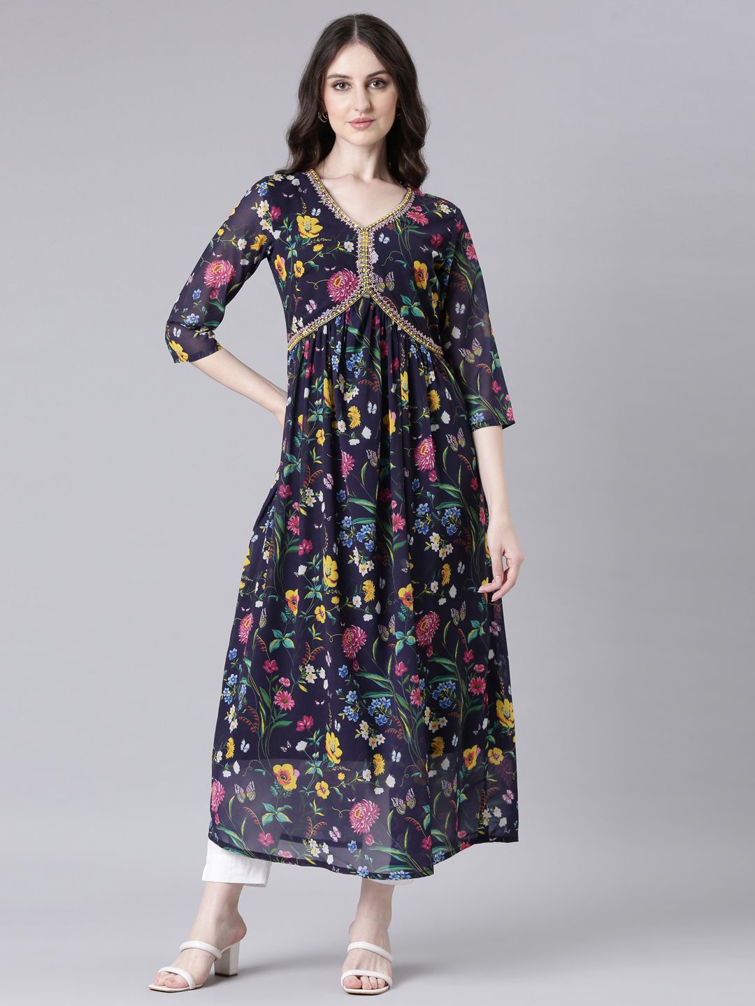 

Neerus Floral Print Georgette Maxi Dress, Navy blue