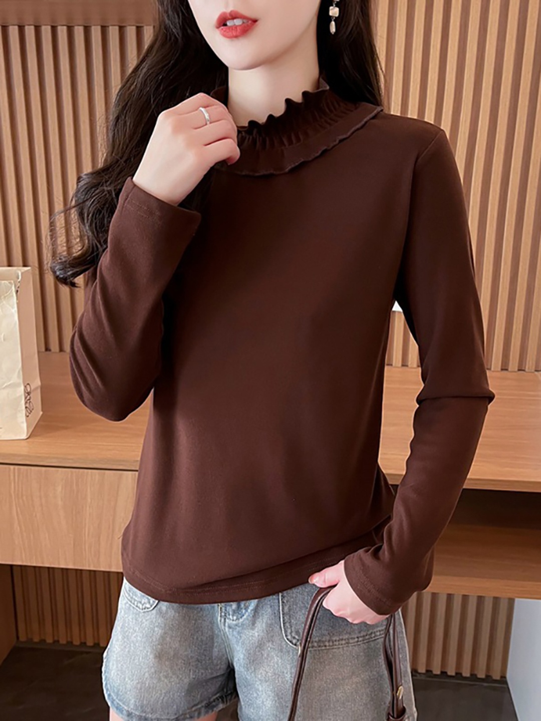 

StyleCast x Revolte Solid High Neck Long Sleeves Regular Top, Coffee brown