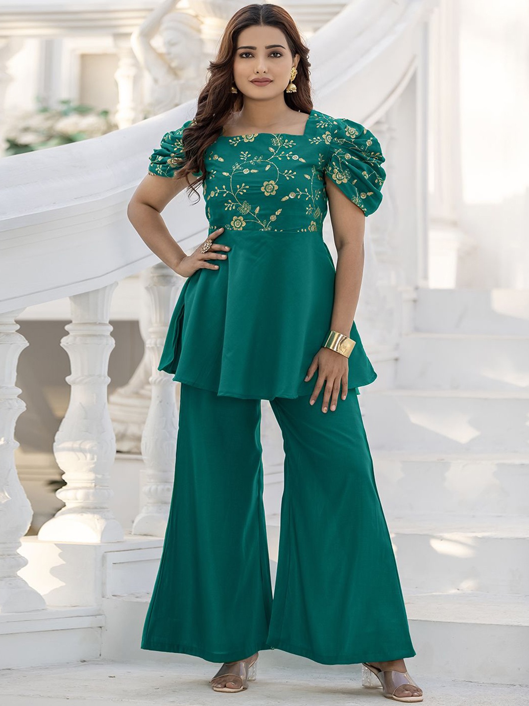 

WEAVLLITE Embroidered Tunic With Trouser Co-Ords, Green