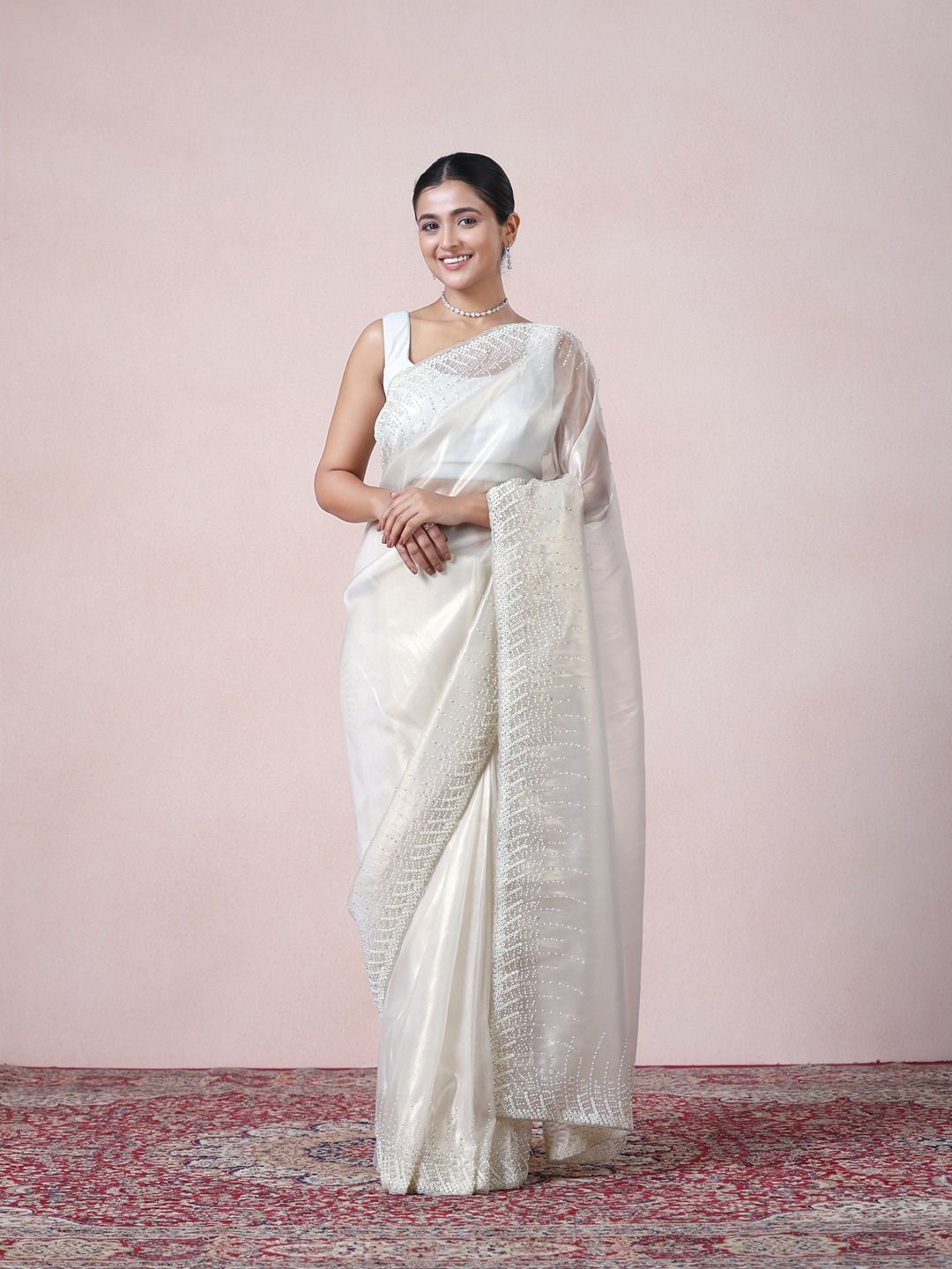 

Twamev Embellished Beads and Stones Organza Designer Saree, Cream